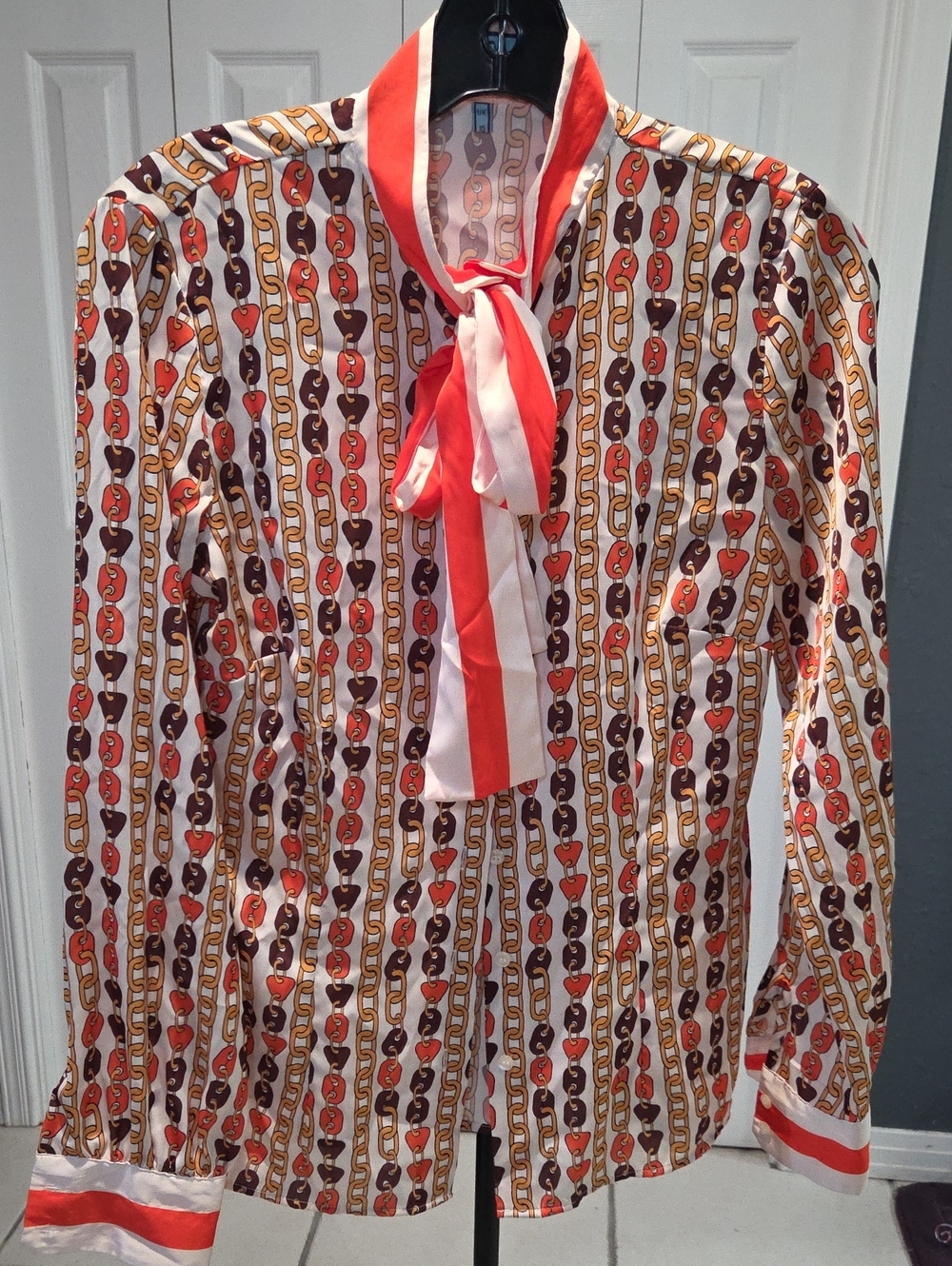 Sz 6 Hawes & Curtis -  Chain Print Tie-Neck Blouse in Orange, Brown, And Gold